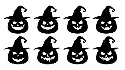 Set of black pumpkins in hats silhouette on tranparent background
