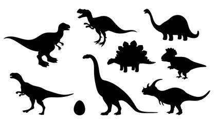 Vector illustration of dinosaur silhouette including Stegosaurus, Brontosaurus, Velociraptor, Triceratops, Tyrannosaurus rex