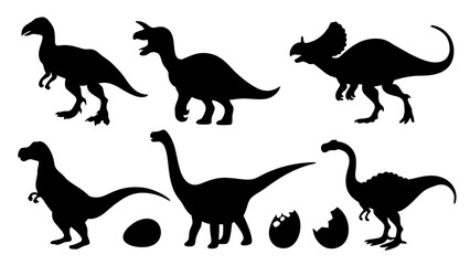 Vector illustration of dinosaur silhouette including Stegosaurus, Brontosaurus, Velociraptor, Triceratops, Tyrannosaurus rex