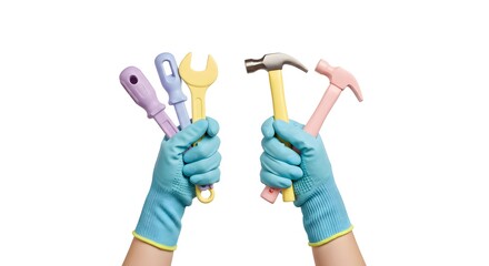 Hands wearing protective gloves holding various colorful toy tools for DIY projects