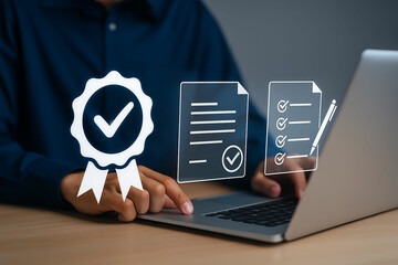 Person using laptop with digital icons of certification and checklist for quality assurance