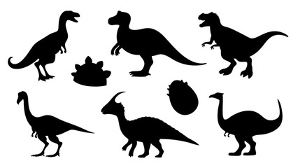 Vector illustration of dinosaur silhouette including Stegosaurus, Brontosaurus, Velociraptor, Triceratops, Tyrannosaurus rex