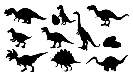 Vector illustration of dinosaur silhouette including Stegosaurus, Brontosaurus, Velociraptor, Triceratops, Tyrannosaurus rex