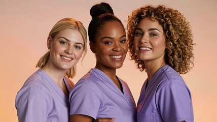 Three smiling women wearing light purple scrubs standing together in an indoor environment setting