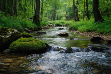 Shaded forest brook with moss-covered rocks