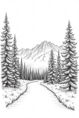 Obraz premium Drawing of a forest with a road running through it. The trees are tall and the sky is clear