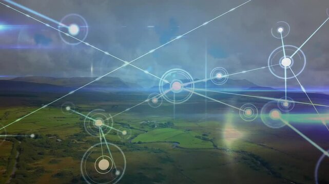 Central node appearing over valley then starting node connections and pulsing rings forming overlay