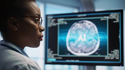 Doctor analyzing brain scan on computer screen. Suitable for medical presentations, articles, and educational materials on neuroscience and technology. - Powered by Adobe