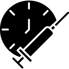 Syringe and clock time icon to symbolize injection effect duration schedule, vaccination time, immunization, or injection reminder