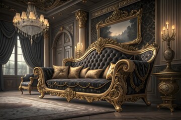 Luxury Black and Gold Baroque Sofa Set – Elegant Vintage Royal Furniture Design


