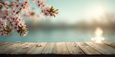 Gentle spring blossoms over a rustic wooden deck