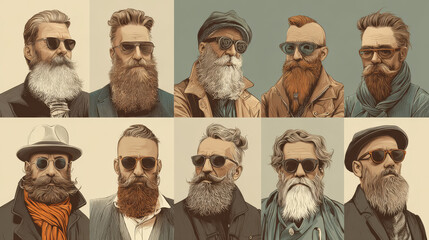 A visual collection of hipster bearded men showcasing trendy hairstyles and barbershop branding concepts