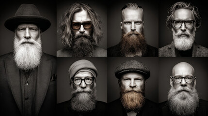 A visual collection of hipster bearded men showcasing trendy hairstyles and barbershop branding concepts