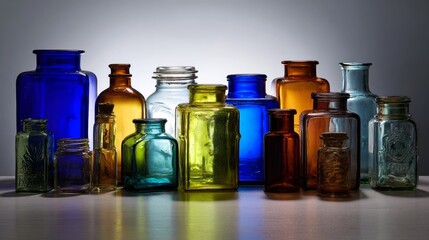 Assorted vintage glass bottles in colorful tones arranged on black background with moody lighting reflections