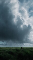 Farmer perseveres through a rainstorm in a rural field