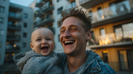 A young father joyfully plays with his baby, capturing a moment of parental happiness
