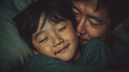 An Asian boy relaxes and hugs his father in bed, highlighting love and homeschooling moments