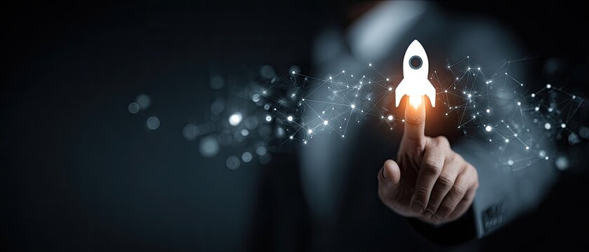 Businessperson touches a glowing rocket icon