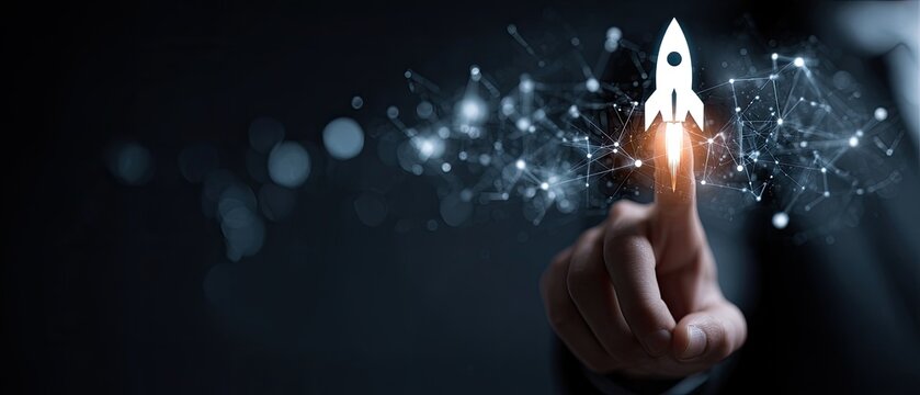 A hand touches a digital rocket icon against a dark background.  A network of connections surrounds the rocket