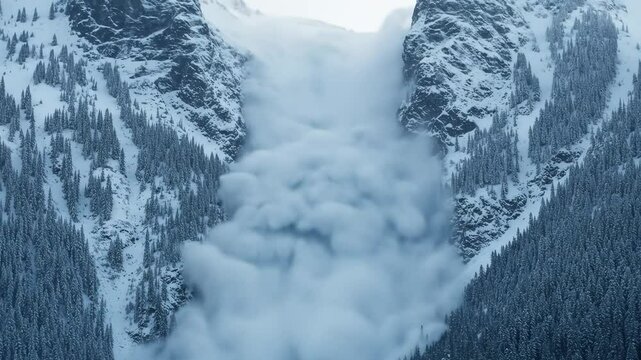 Powerful avalanche descending mountain valley snowfall on rocky terrain