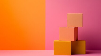 Obraz premium Minimal stacked cardboard boxes in pink orange gradient background showcasing modern branding packaging concept