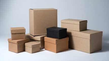 Assorted cardboard boxes in neutral tones arranged for packaging logistics shipping storage branding scene