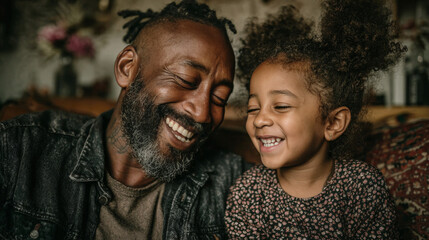 An ecstatic black father laughs with his daughter as they share jokes and bond on a cozy couch at home