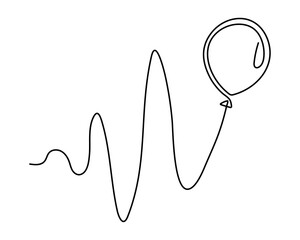 Balloon with string one line art,hand drawn air-filled celebration Birthday or Valentine's party design drawing continuous contour. Festive holiday anniversary helium outline. Isolated. Editable 