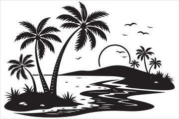 Tropical beach silhouette features a palm tree against a summer sun
