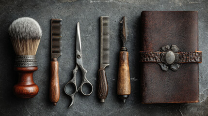 Assorted barber instruments rest on a grey tabletop against a dark backdrop, leaving room for added text