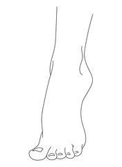 black and white line drawing of a female foot. Illustration isolated on white background