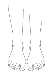 black and white line drawing of a female foot. Illustration isolated on white background