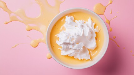 Splash of whipped cream in yellow bowl on pink background showing dessert motion food photography concept