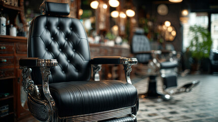 Focused shot of a black barber chair in a male grooming salon, forming part of a barbershop interior scene