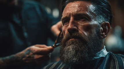 In a barbershop chair, a hipster man gets his beard trimmed with scissors by a hairdresser; image styled as a promotional banner
