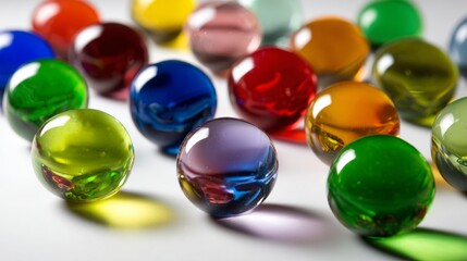 Colorful glass marbles arranged on white surface for vibrant playful childhood retro toy aesthetic concept