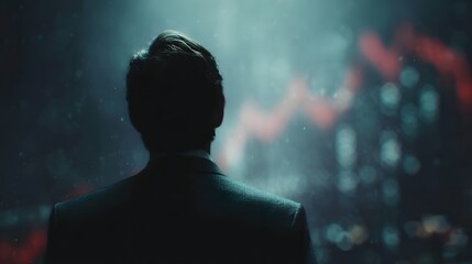 Silhouetted business leader stands confidently before a futuristic data screen