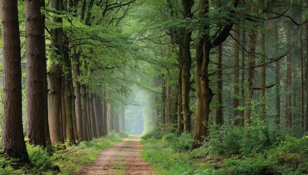 Lush forest path leading into a misty distance