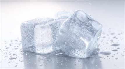 Obraz premium A shot of a clear ice cube melting, showing intricate crystal patterns inside the ice. Tiny water droplets glisten, The ice texture and water droplets