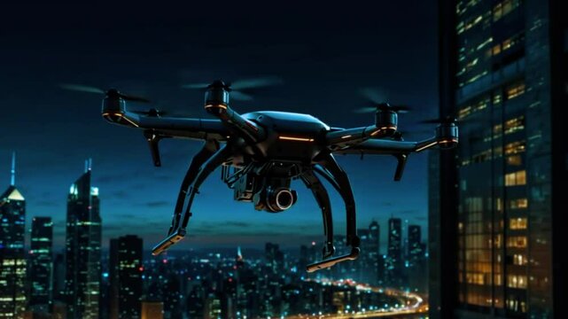 A drone flying over a cityscape at night, with tall buildings illuminated in the background. The drone appears to be equipped with a camera or sensor.