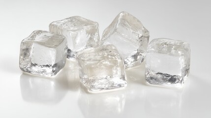 A shot of a clear ice cube melting, showing intricate crystal patterns inside the ice. Tiny water droplets glisten, The ice texture and water droplets