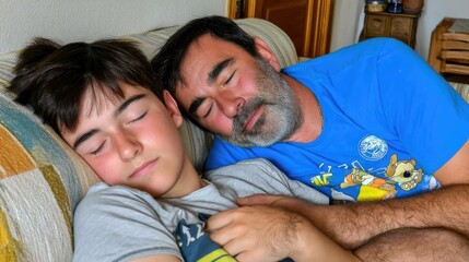 Father and son bonding cozy living room family moment warm environment intimate viewpoint lazy sunday vibes