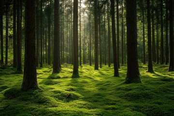 Naklejka premium Sunbeams through trees on forest path