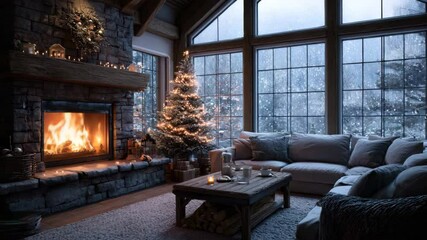 A cozy rustic living room in a mountain cabin decorated for Christmas. A warm stone fireplace, lit tree, and a large window with a snowy forest view.

 - Powered by Adobe