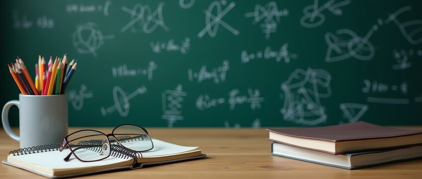 Back to school banner, classroom desk with books, glasses and pencils in front of chalkboard - Powered by Adobe