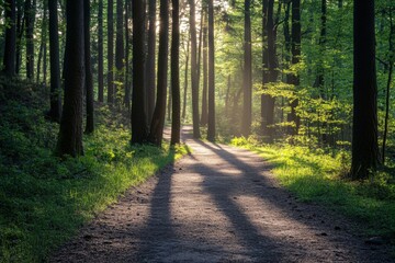 Obraz premium Winter forest path with blue sky above