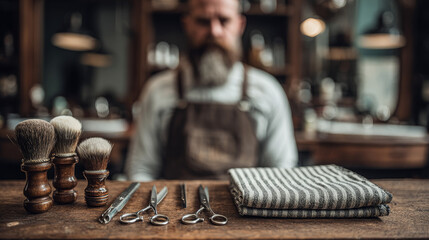 Scissors and shaving tools feature prominently in a vintage-style barbershop with a bearded man ready for a haircut and shave