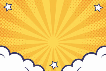 Yellow comic book background with burst effect, stars, and clouds vector illustration design art