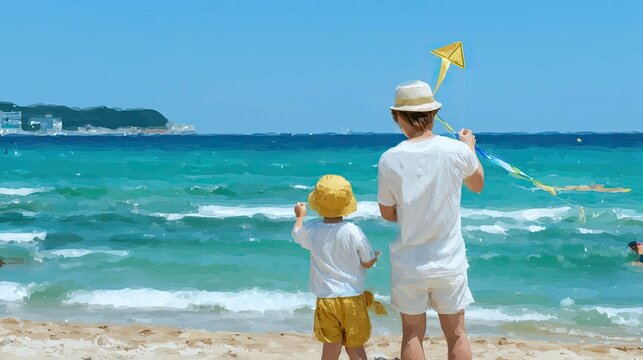 Father and son flying a kite at the beach outdoor family activity soft pastel illustration summer vibes