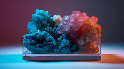 Colorful fluffy powder explosion in rectangular container for creative experiment concept vibrant chemistry display scene